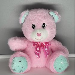 Greenbrier plush pink teddy bear blue ears feet hearts bow NWOT