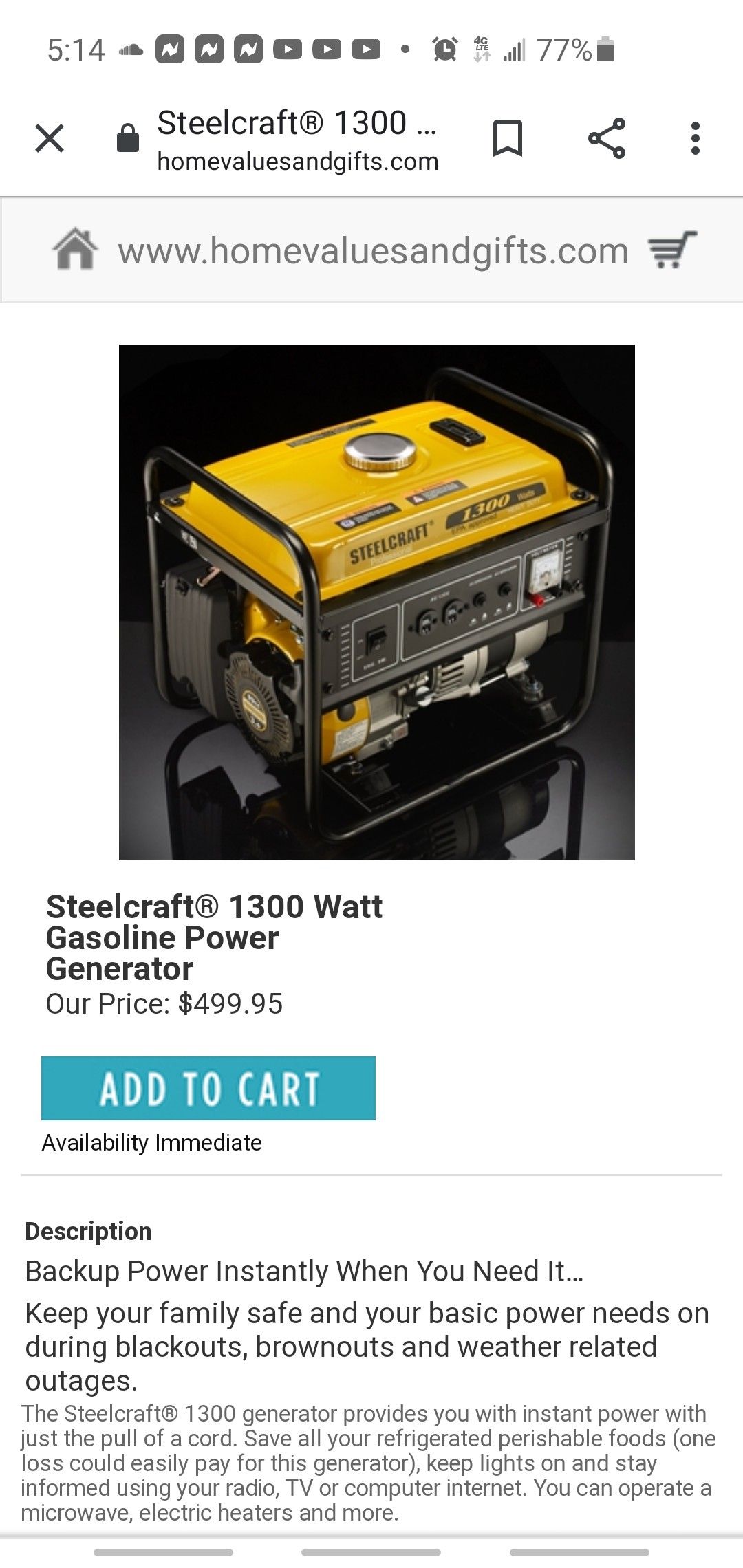 Steel craft generator 1300 watts , gas powered