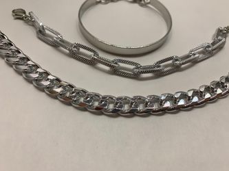 Punk Style 3pcs/Set Curb Cuban Multilayer Link chain bracelet, Silver Color