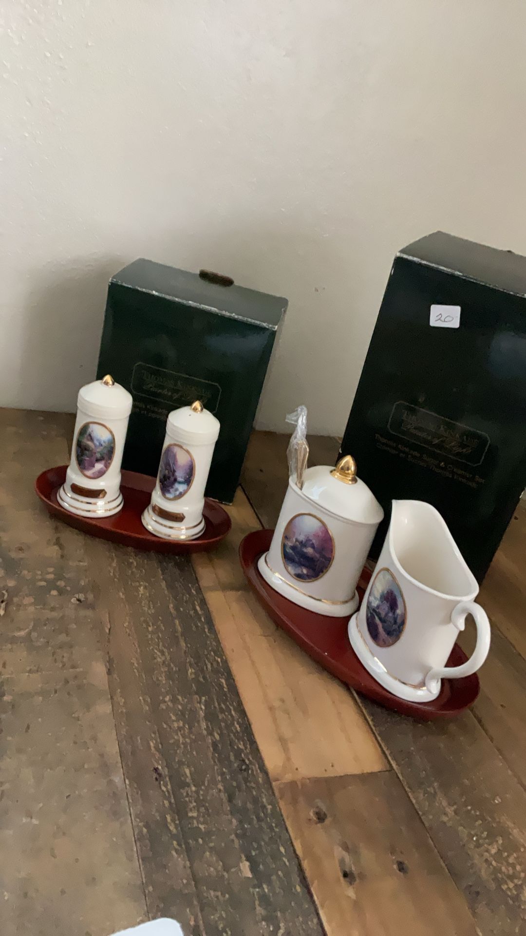 Thomas Kincade Cottage Design Sugar Bowl and Creamer Set with Tray. (2005) And Salt Shakers 🧂