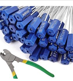 Set of blue metal cable seals with individual serial numbers