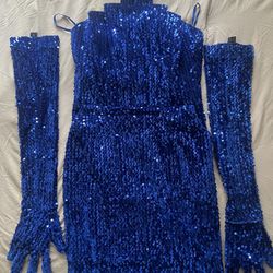 Blue Sequin Dress with Gloves
