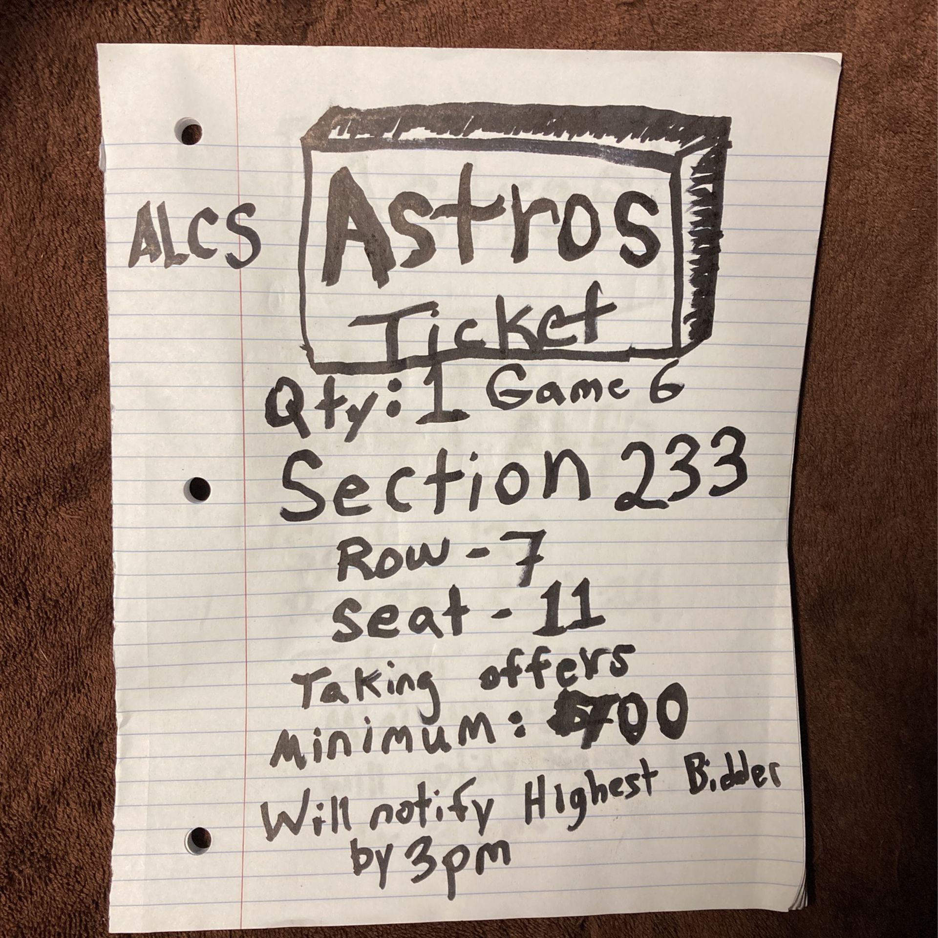 1 Astros ticket ALCS GAME 6 Section 233 