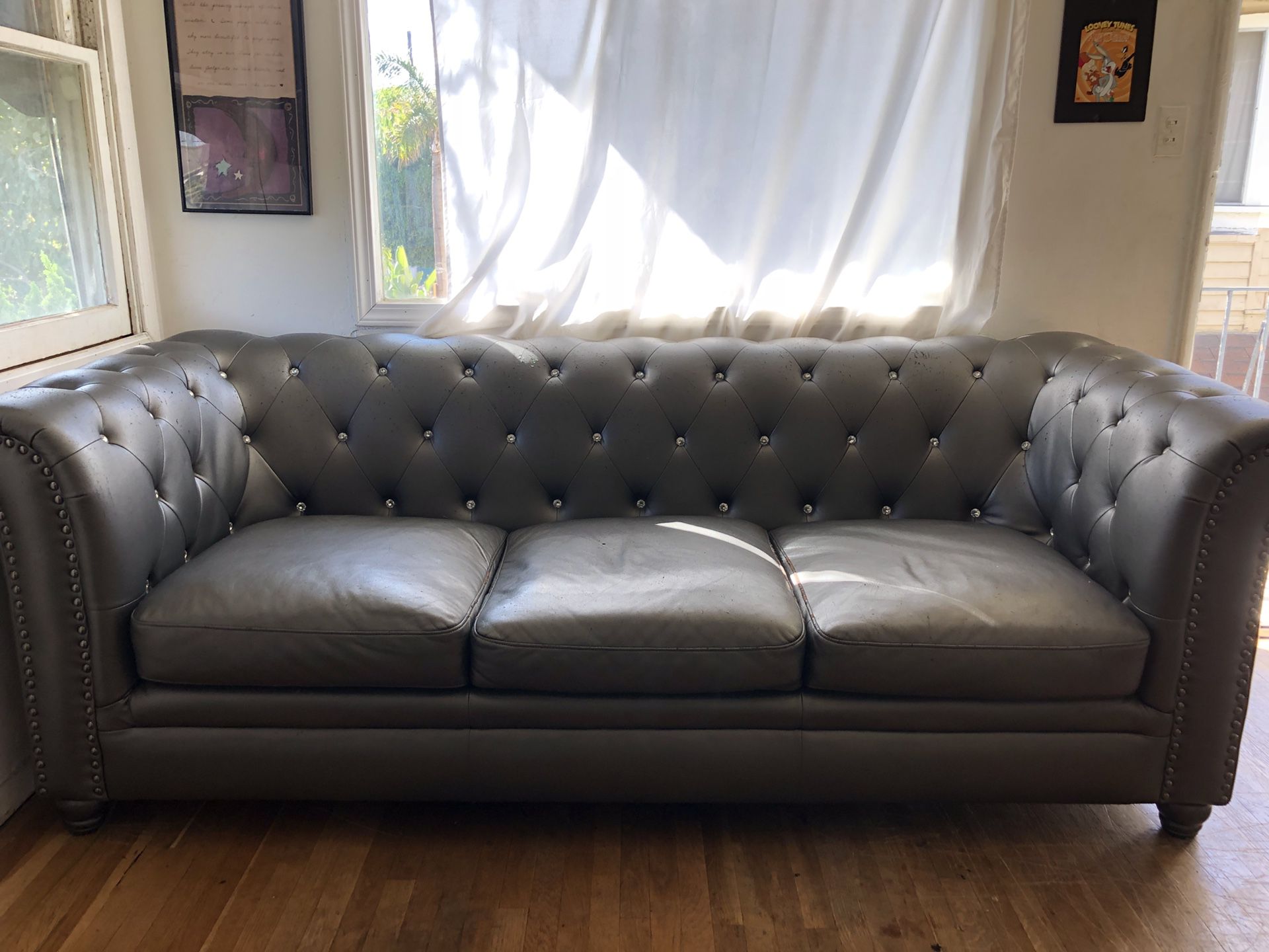 Silver Leather & Crystal Sofa