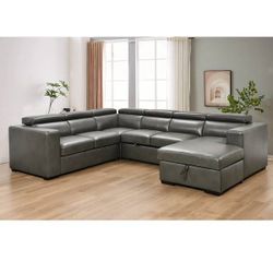 Modern U-Shaped Sectional Sofa with Pull-Out Sleeper & Storage – Grey Faux Leather