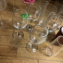 A Few Mixed Glasses, Different Sizes, One Is Colorful With Some Eau The Toilets (NO SHIPPING)