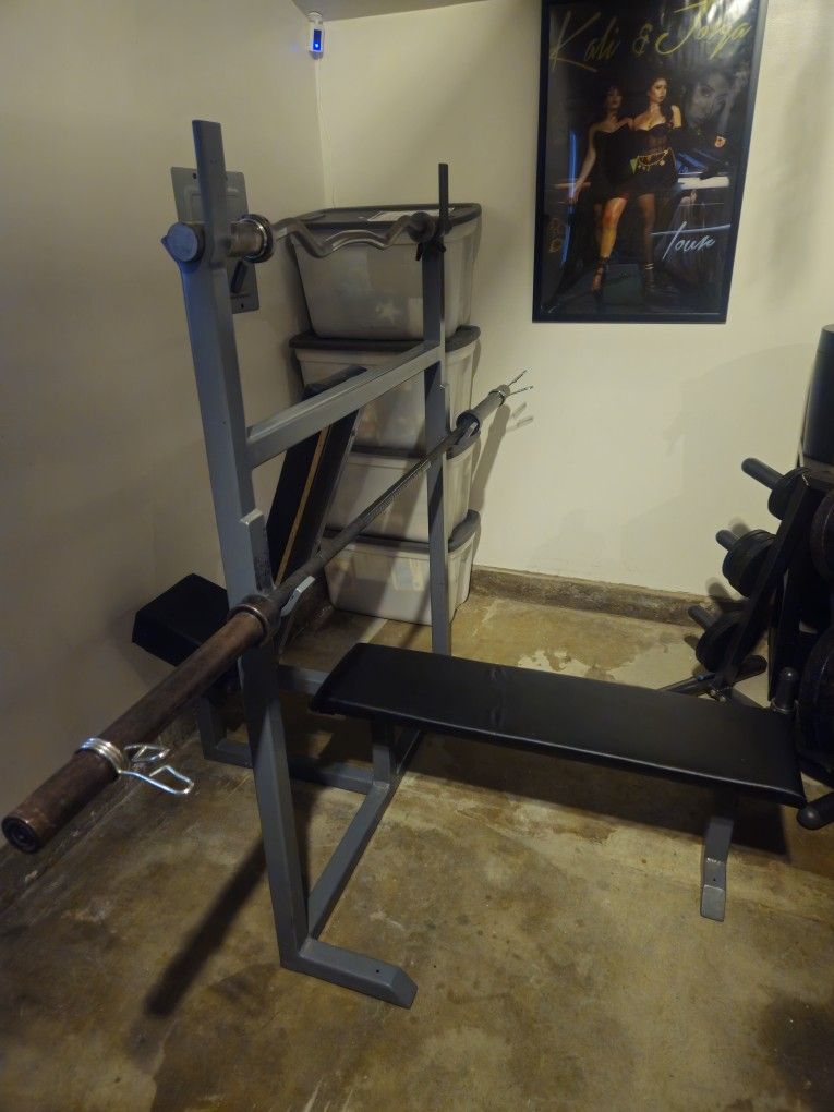 Weight Bench, 20lb Curl Bar, 45lb Barbell, Plate Tree