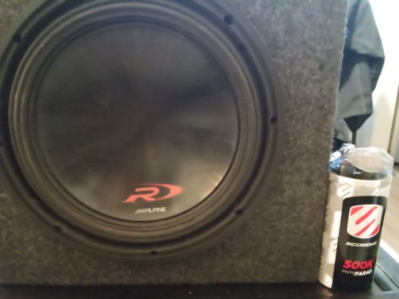 Alpine 12 " Sub RD 750watts And Brand New Box With Schosche 500k Digital Compacitor