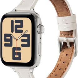 Slim Leather Women Bands Compatible with Apple Watch Band 38mm 40mm 41mm 42mm, Double Layer Genuine Leather Watch Thin Straps Wristband for iWatch Ult