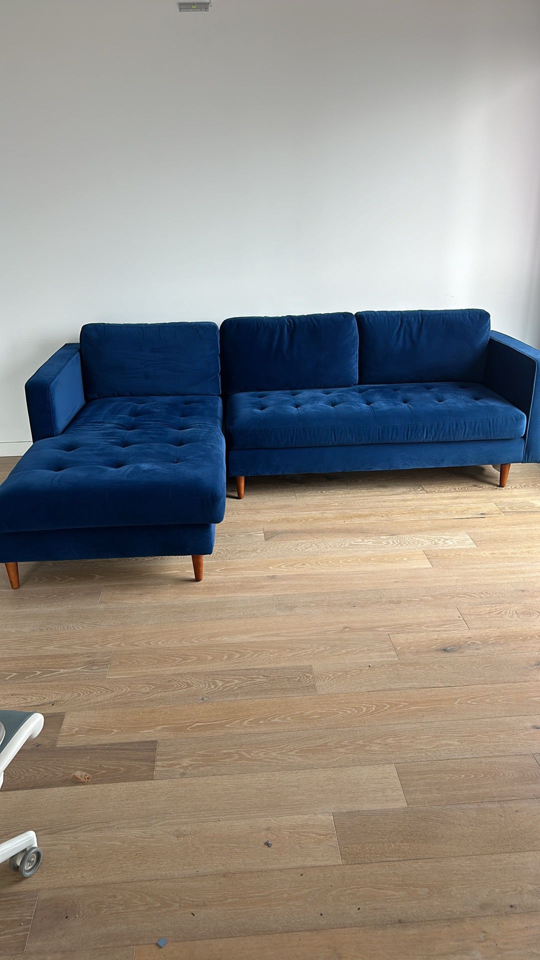 Blue velvet 100.8" wide sofa and chaise