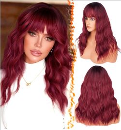 BARSDAR Medium Length Ombre Red Wig With Bangs - 18 Inch Wavy Red Ombre Wig With Bangs for Women, Curly Wavy Synthetic Shoulder Length Wigs Daily Part