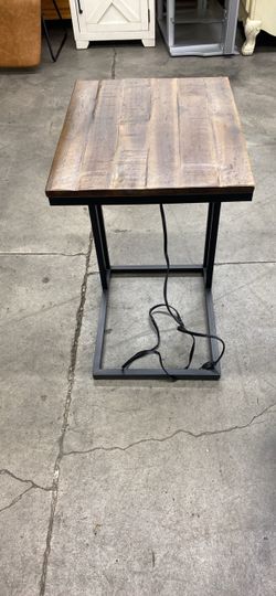 Industrial C-Shape Side Table Wood and Metal