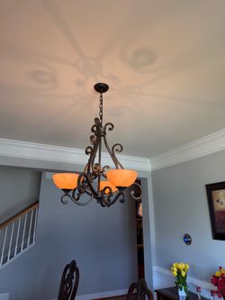 Wrought Iron Chandelier with Amber Glass Shades