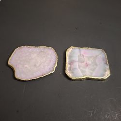 Faux Pink Agate Slices With Golden Edge By Anthropologie Made In India Set Of 2 - Cushion Buttons On Bottom To Protect Your Table