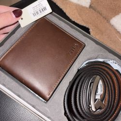 Fossil Leather Wallet And Belt- New! Black Or Dark Brown Available