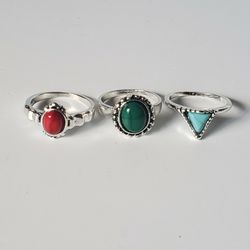 3 Pieces Women's Rings Bohemia Antique Silver plated Stone Finger joint Ring, Fashion Size 7.5