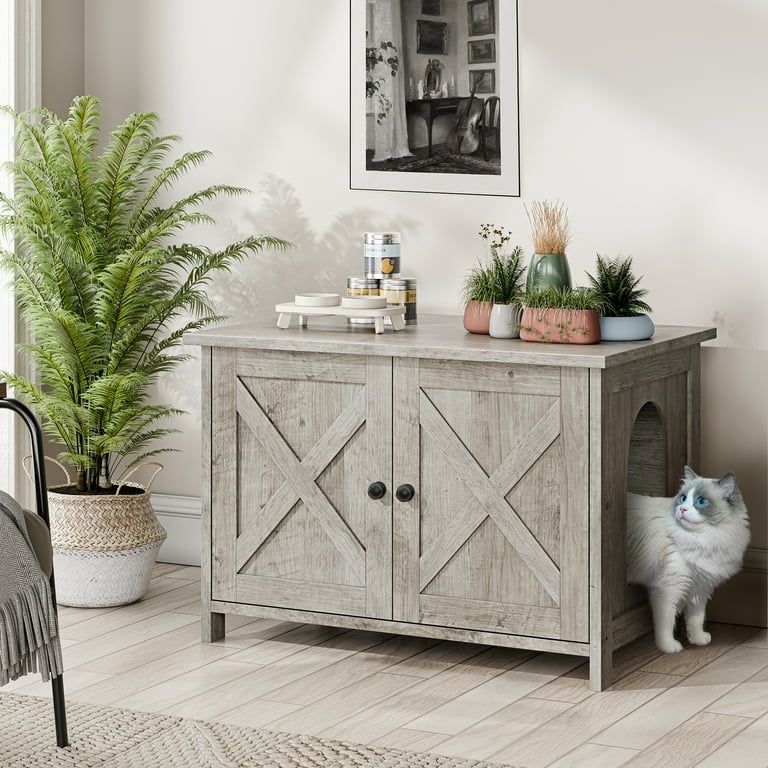 New Cat Litter Box Furniture Hidden Barn Door Cat House Wooden Bathroom Furniture Side Table Fits Most Litter Boxes New in box ML001 GY/WH/BR * * Sp