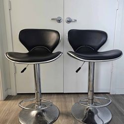 Set of 2 Modern Adjustable Bar Stools - Black Leather & Chrome