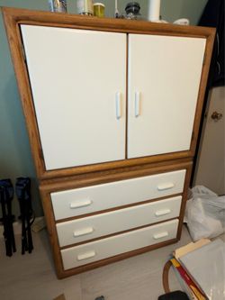 Vintage Mid Century Oak & White Tall Dresser/Armoire