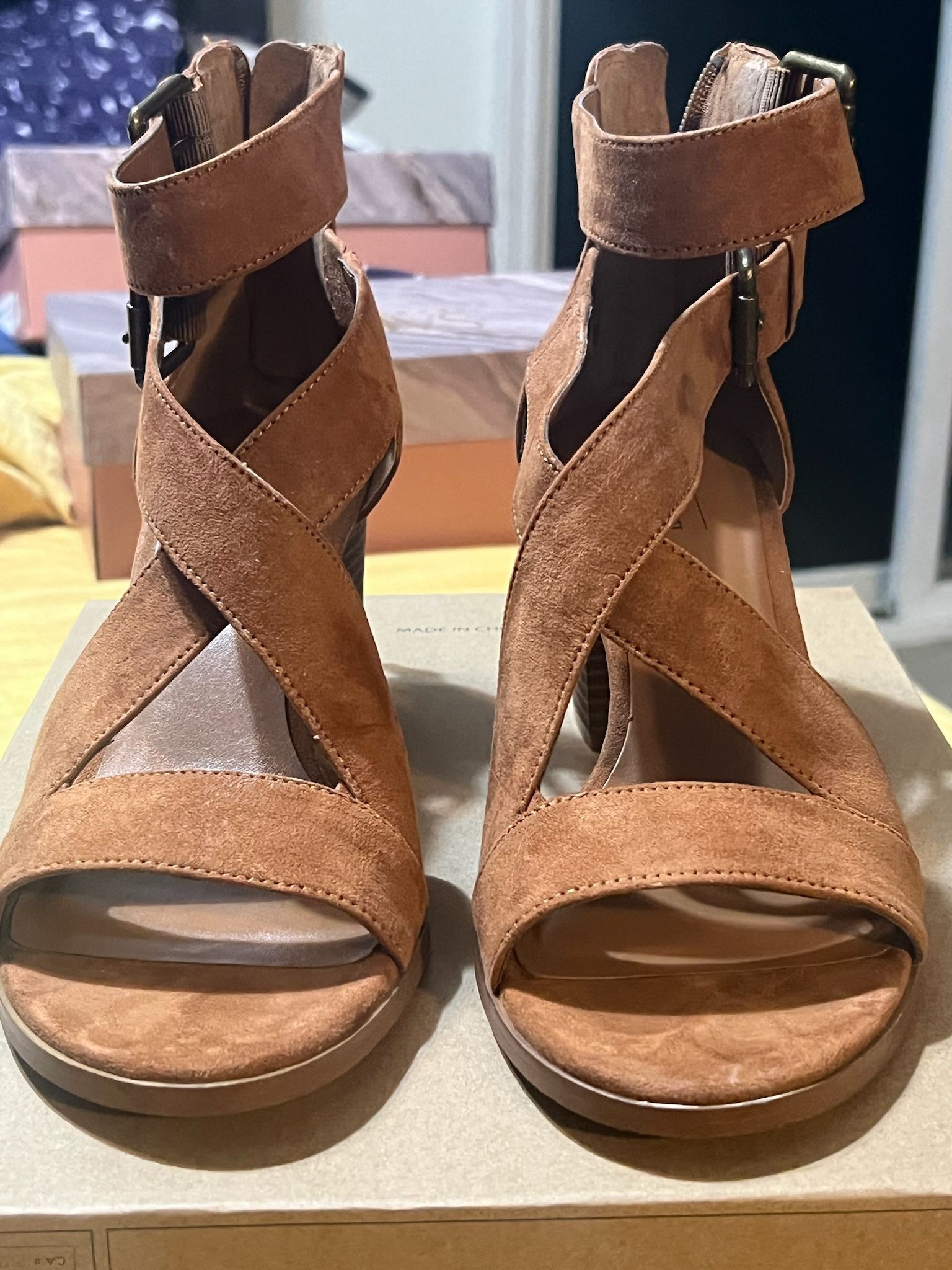 Sandal w/ Heel - Cognac  Faux Suede