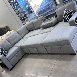 ✅️✅️4 pc Grey boucle fabric sectional sofa with storage chaise and love seat and pop up sleep area in center drop down tray tables✅️✅️✅️