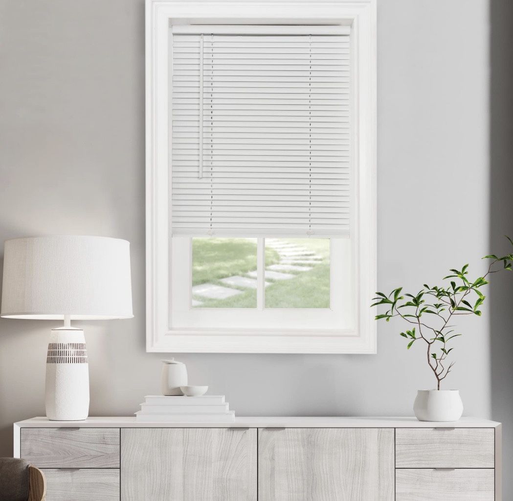 Cordless Light Filtering Mini Blind - 43 Inch Width, 64 Inch Length, 1" Slat Size - Pearl White - Cordless GII Morningstar Horizontal Windows Blinds F