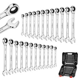 HORUSDY 24-Piece Ratcheting Wrench Set | Metric and SAE | Ratchet Combination Wrenches Set with Organizer | 72-Tooth | Chrome Vanadium Steel | 6-18 mm