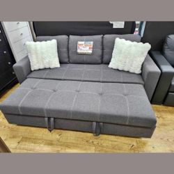 Blue Gray convertible reversible sectional sofa with pullout bed 