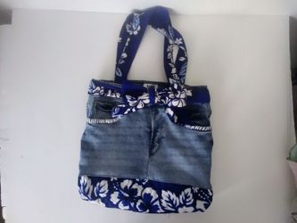 Denim Handbags With Floral Rayon Trim 13"x10"×4"