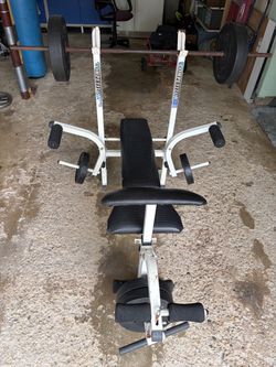 Press bench with bar and weights