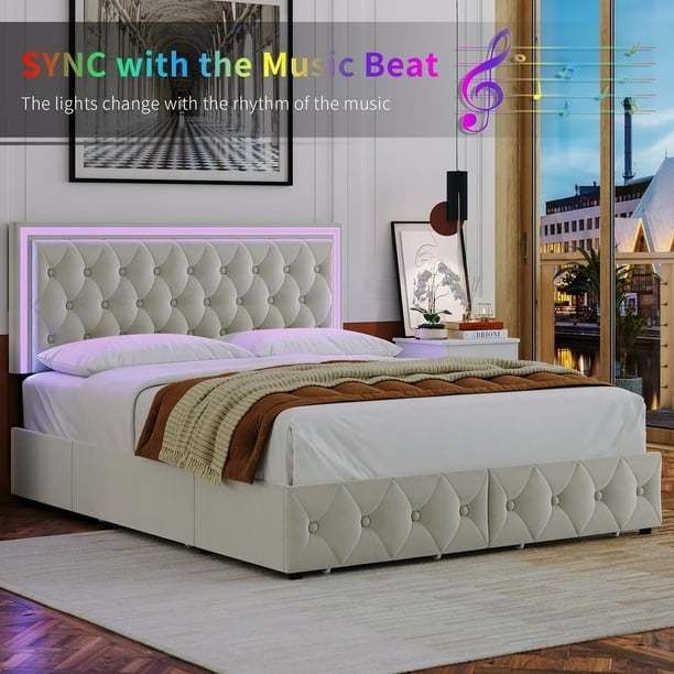 Queen LED Bed with 4 Drawers, LED Lights Platform Storage Bed Frame with Upholstered Adjustable Button Tufted Headboard, Velvet Beige  Feat