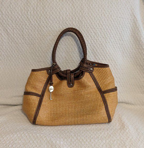 Handbag Purse Fossil Straw And Leather Braided Handle 