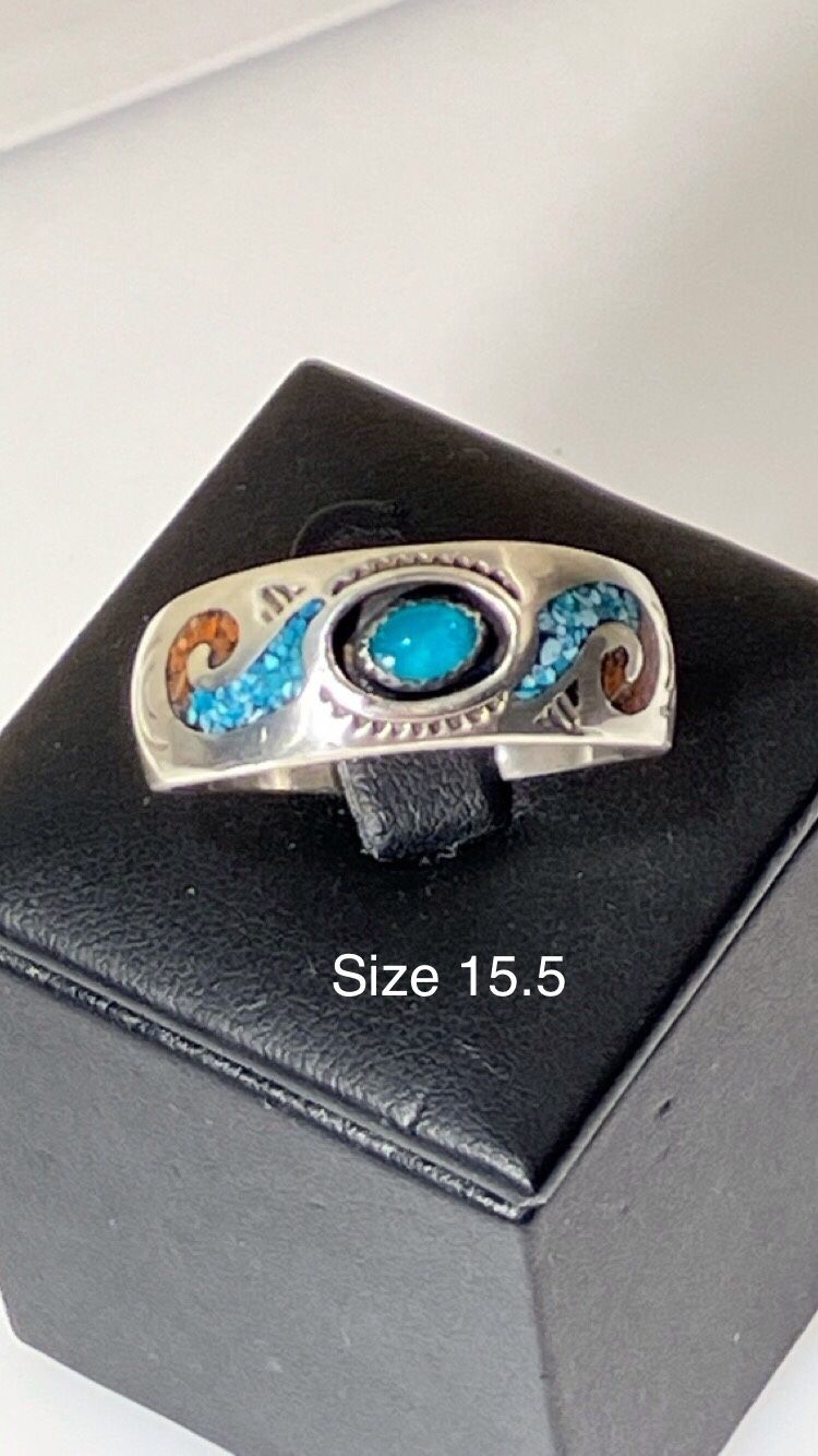WOW! Large Men’s size 15.5, Sterling Silver inlaid turquoise and coral Ring!!