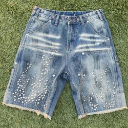 Hellstar rhinestone jorts, dark blue, size 34/32