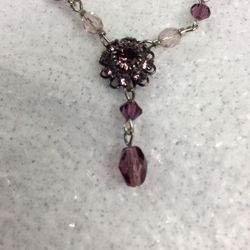 Silvertone Necklace With Amethyst Drop Pendant ,  Measures 15”-17”