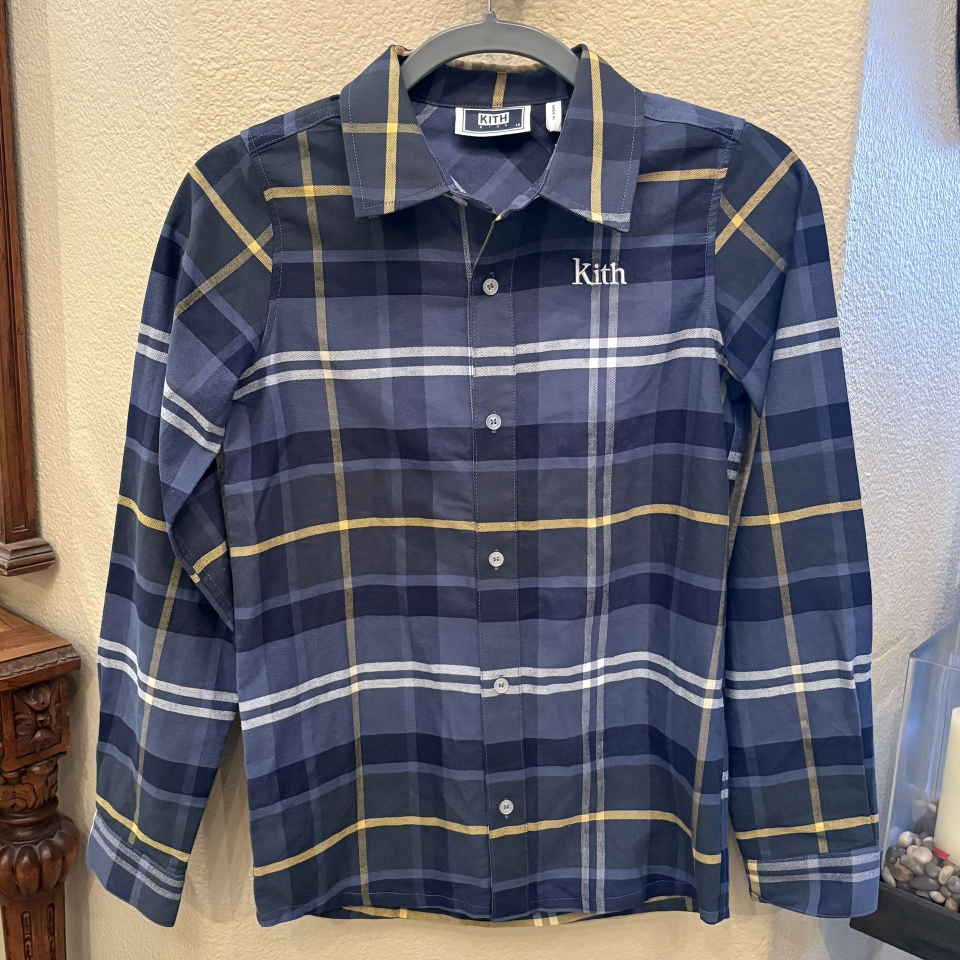 NWT~KITH Kids Boys Navy Yellow Plaid Oxford Serpentine Button Shirt Size 12Y