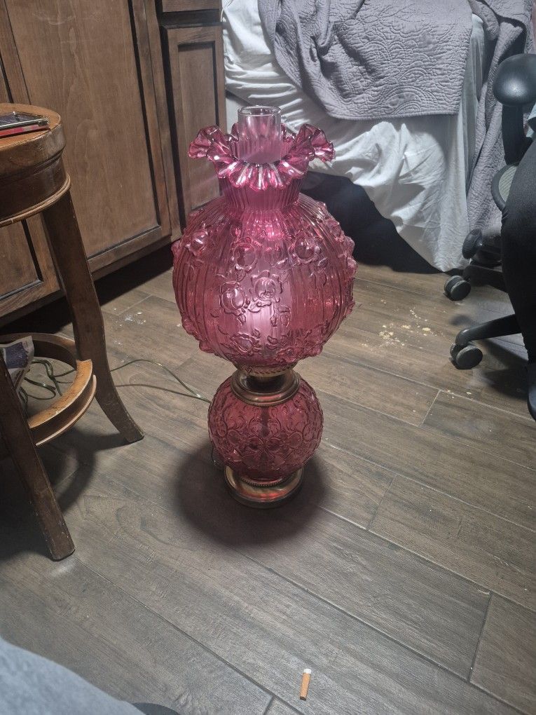 Vintage Fenton Cranberry Glass Cabbage Rose Gone With The Wind Lamp Hurricane