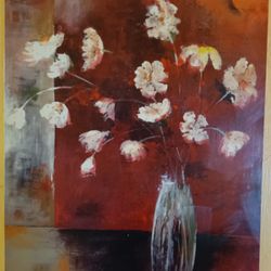 White Flowers In Vase On Red Background Painting