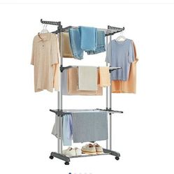 SONGMICS Clothes Drying Rack Stand 4-Tier, Foldable Laundry Drying Rack 68.1-Inch Tall, Steel, Rolling Clothes Horses Dryer Rack, Easy to Assemble, In