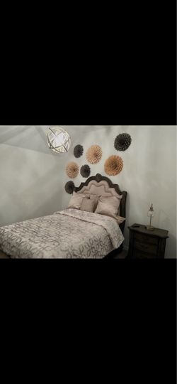 Dark Wood Bed Frame with Upholstered Headboard