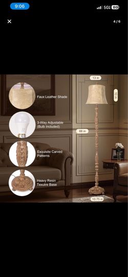 Scenekoy Vintage 66” Tall Floor Lamp for Living Room Bedroom, Resin Carved Standing Lamp with Faux Leather Shade, Adjustable Bulb, Rotary Switch Rusti