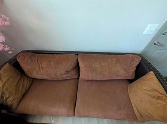 Brown Fabric Sofa with Nailhead Trim