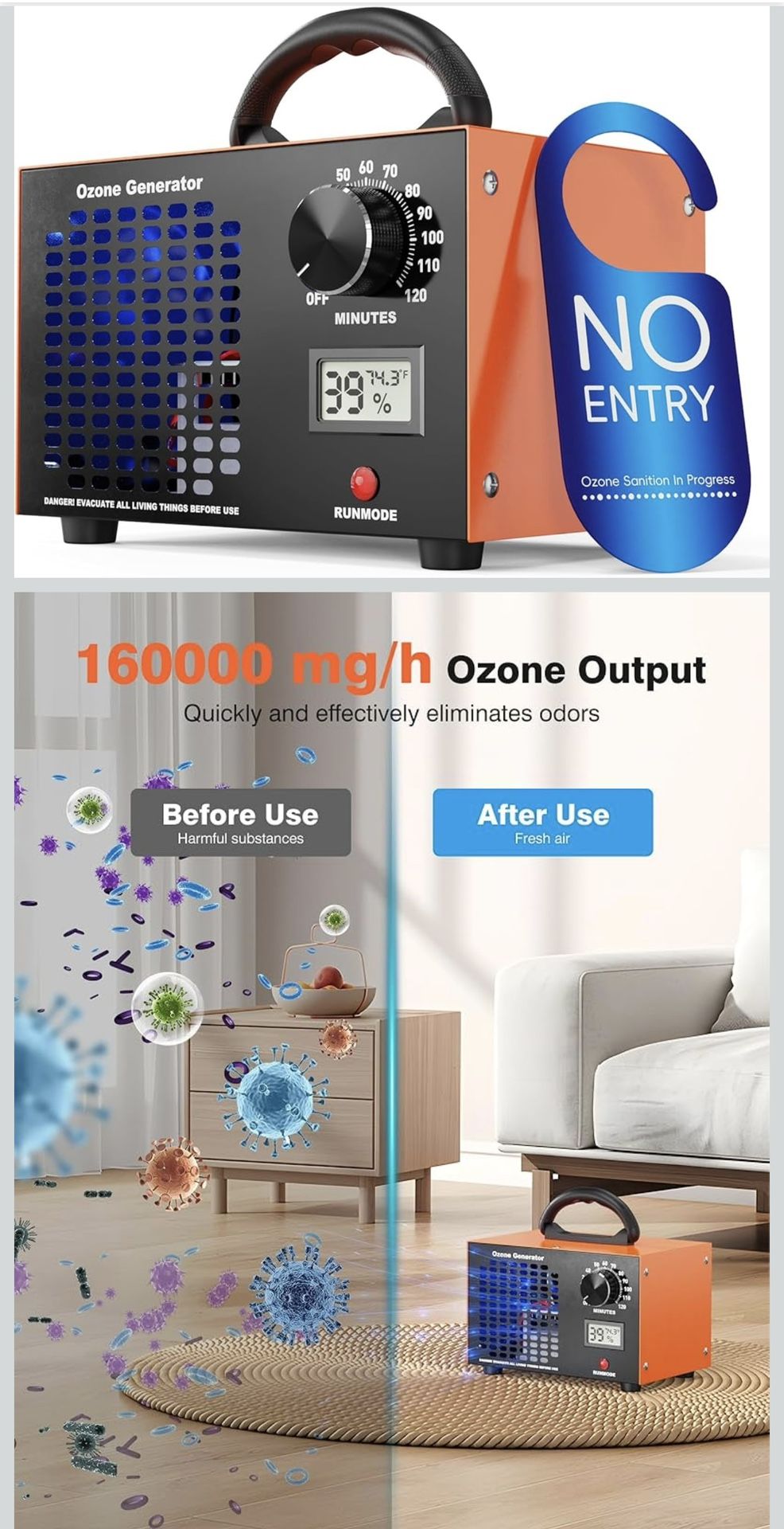 Ozone Generator 160,000mg/H with Temp/Humidity Display - 120 Min Timer 03 lonizer Air Purifier for Large Spaces (5000 Sq.Ft) - Upgraded Ozone Machine