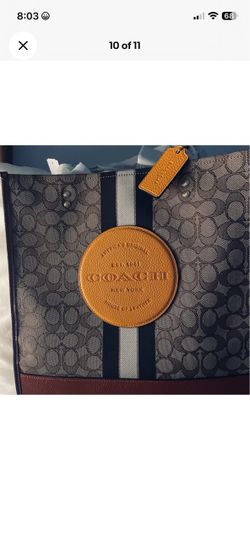 Coach Dempsey Stripe Logo Print Tote Khaki Sunbeam Multi Brown Lined Snap