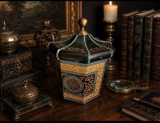 This vintage tea caddy is a hexagonal wooden box designed with intricate gold patterns