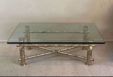 Antique Vintage Mid Century Modern Hollywood Regency Gold Glam Thick Faux Bamboo Base Glass Top Coffee Cocktail Table