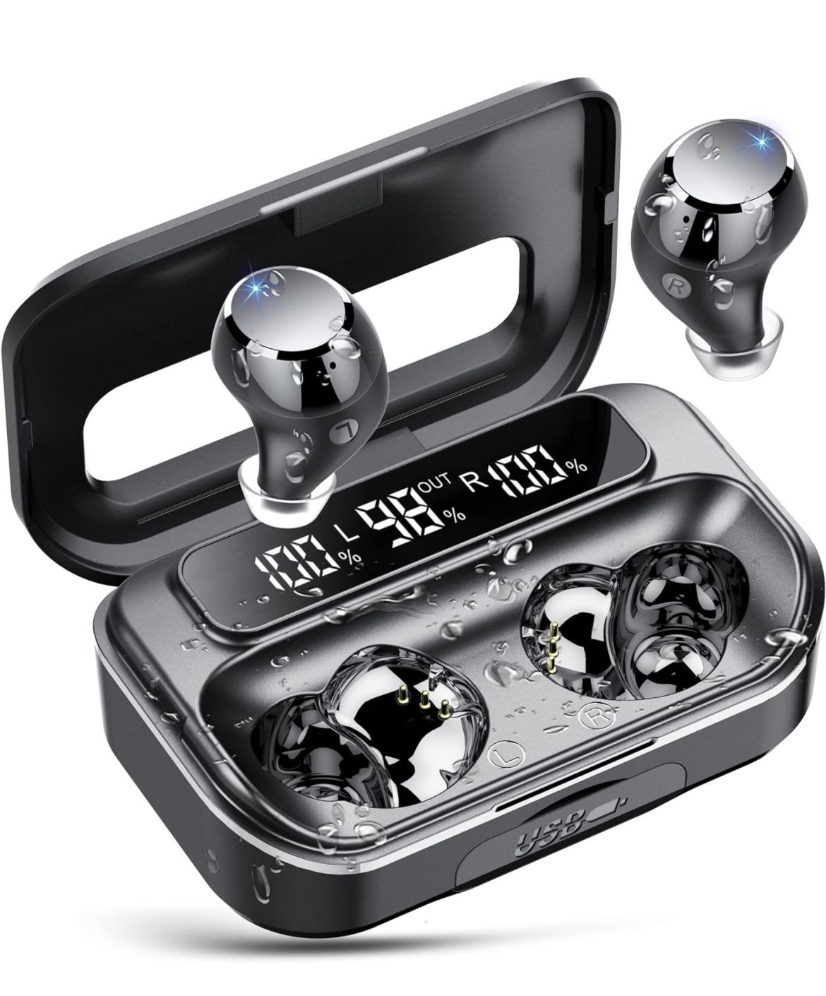 Bluetooth 5.3 Headphones with 4 ENC Noise Cancelling Mic Powerful Bass In-Ear Earbuds with LED Display 128H IP7 Waterproof