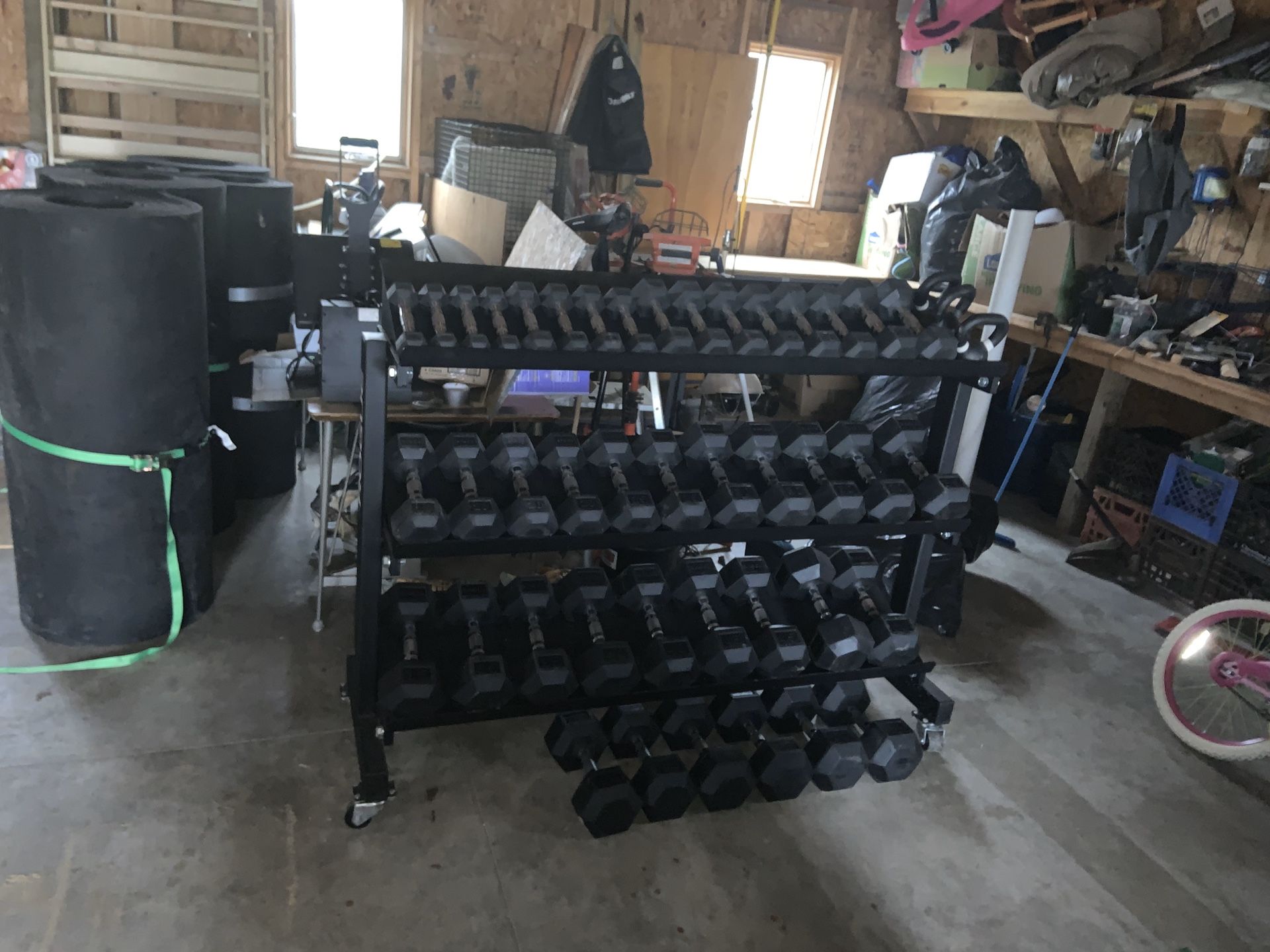 1 full set Rogue Hex Rubber Dumbbells 5-50# and Rogue 3 Tier Storage ...