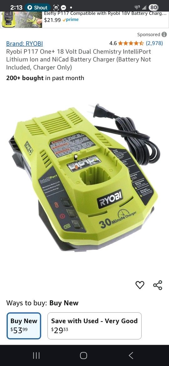 Ryobi P117 One+ 18 Volt Dual Chemistry IntelliPort Lithium Ion and NiCad Battery fast 30 min charger Rapid Quick
