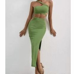 One Shoulder Cut Out Top & Split Thigh Skirt Green